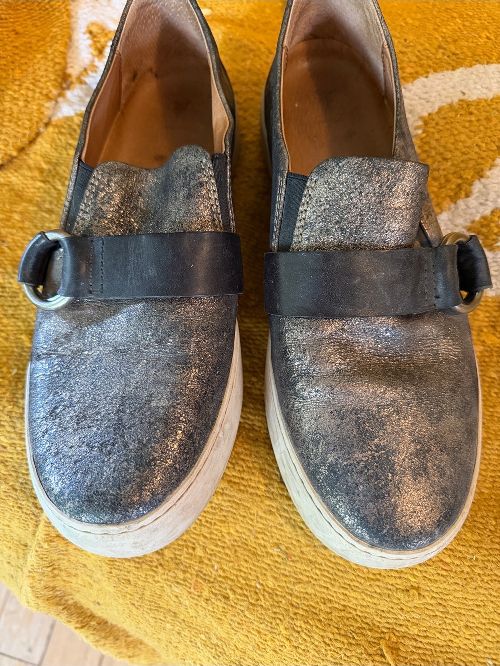 Frye Metallic Silver Slip-On Platform Mules with Black Strap